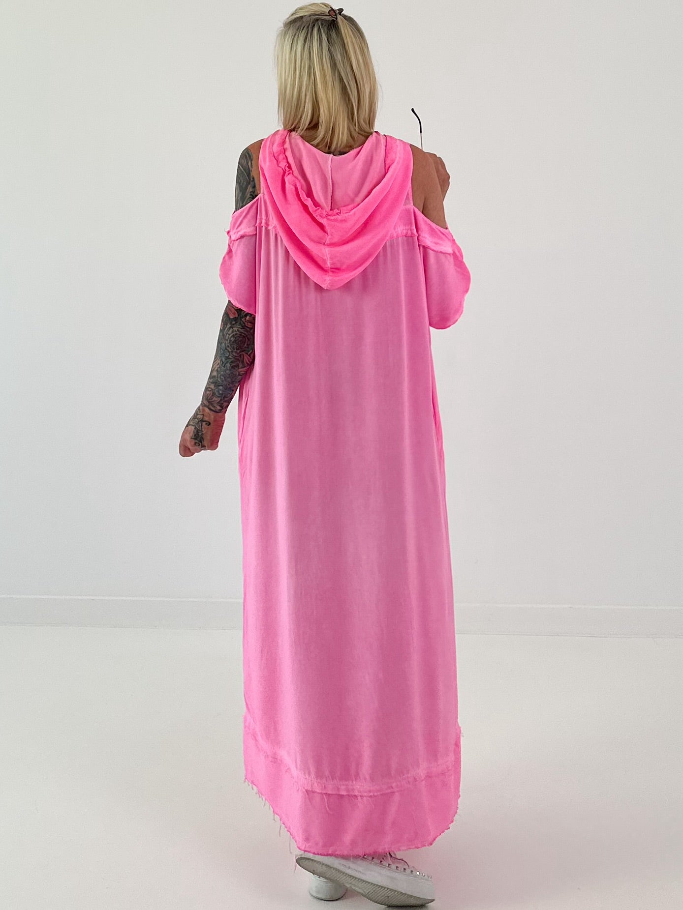 Neon pink cold shoulder hoodie dress