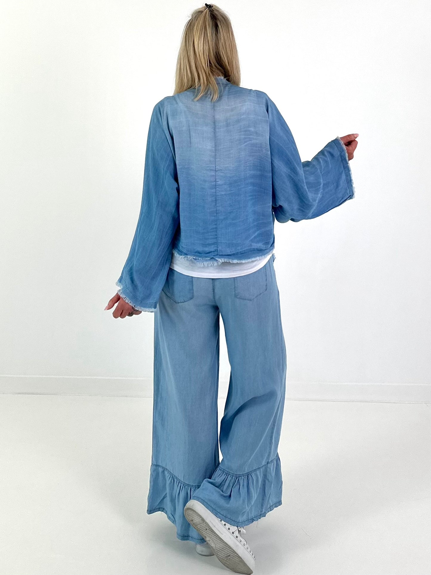 Jeansblouse met strikknoop - lichtblauw