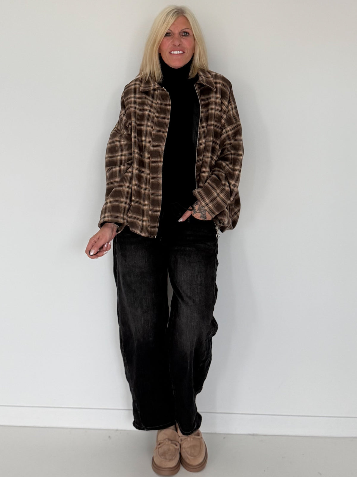 Flanellen blouson in ruitpatroon - mokka-meerkleurig