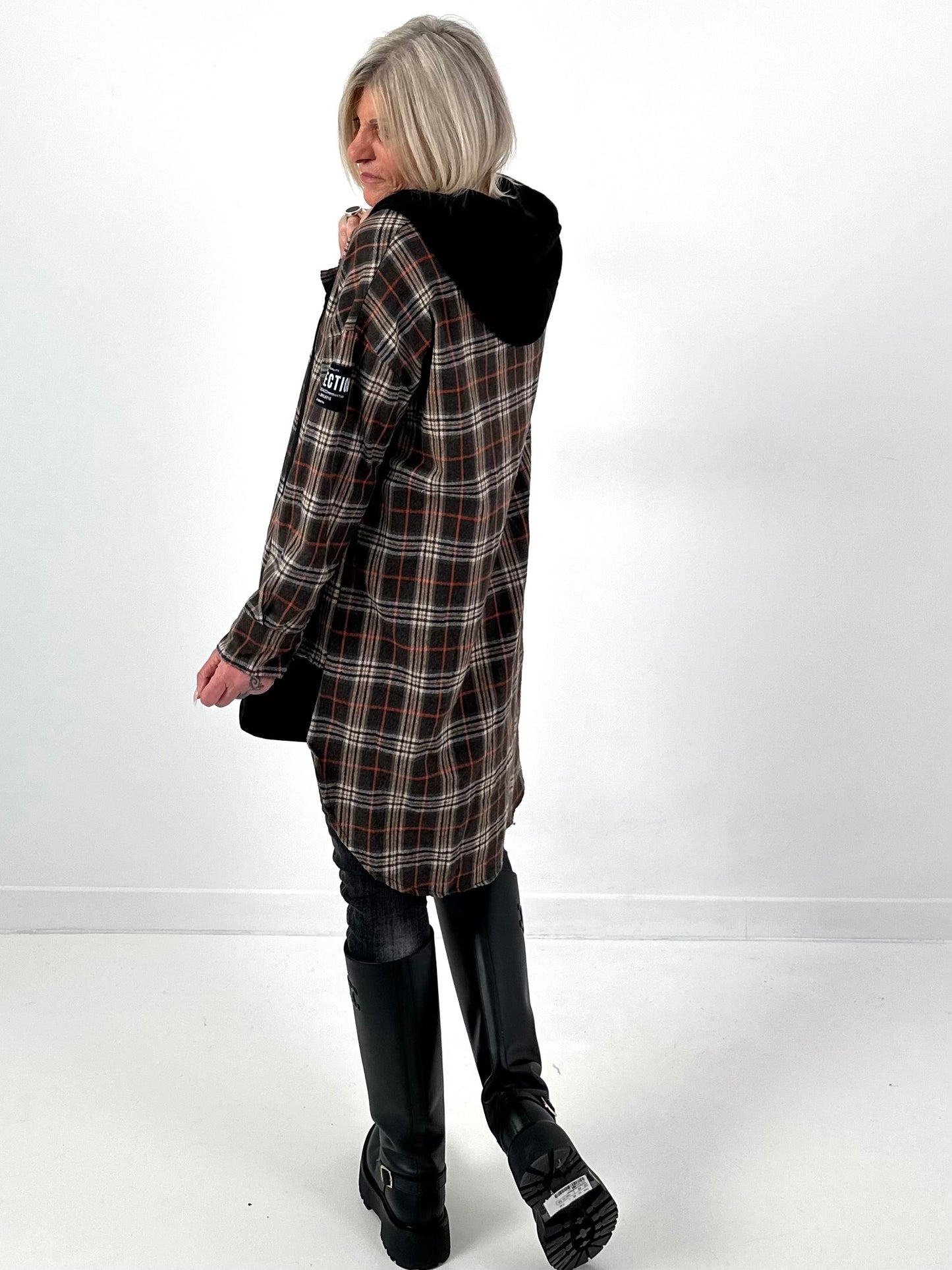 Checkered hooded shirt jacket, model "Plaid Edit" - brown-multicoloured