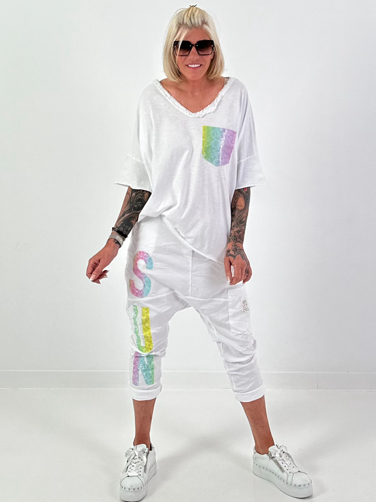 T-Shirt mit Glitzer-Patch - weiss