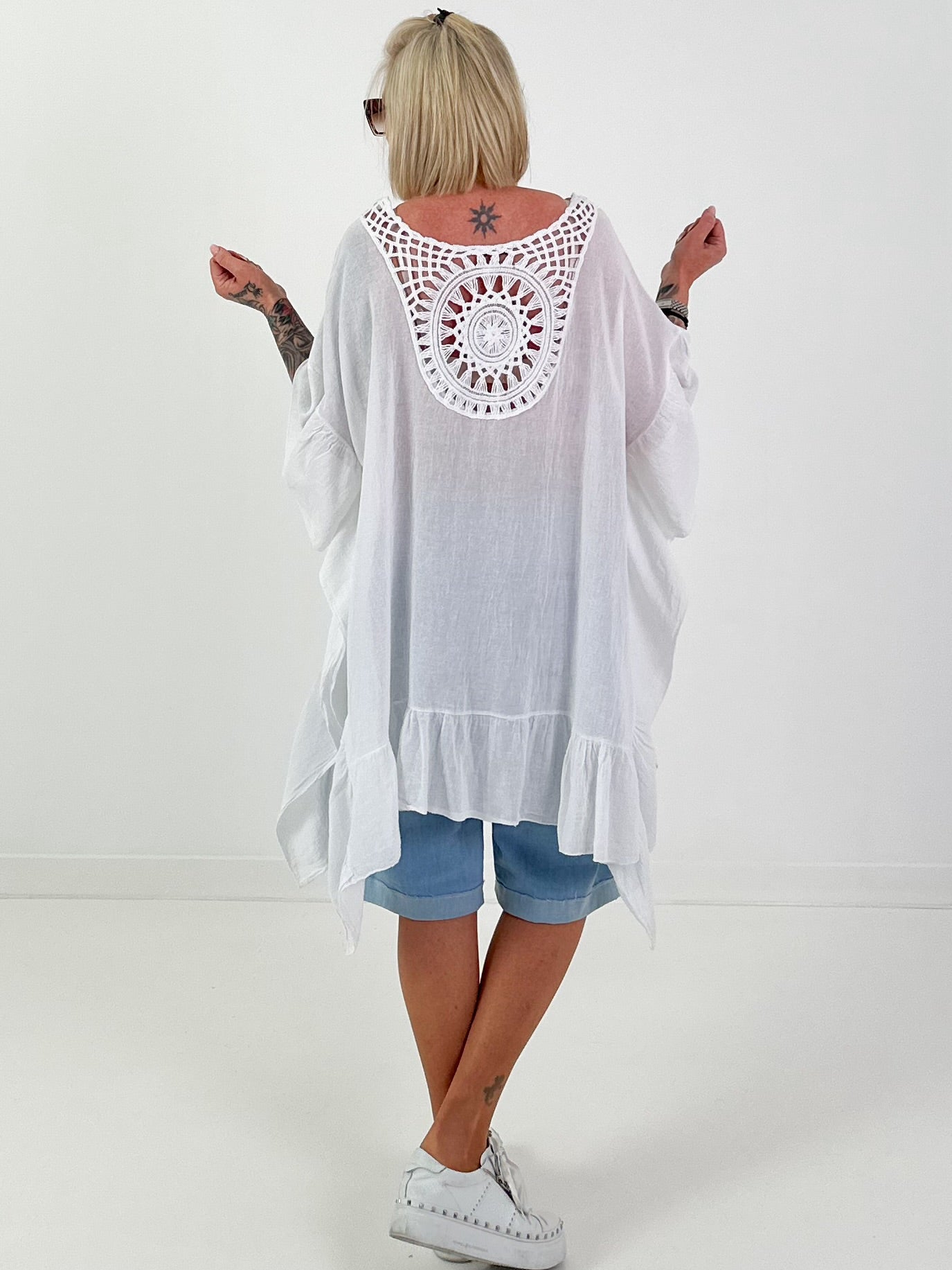 Tunic/Dress with Crocheted Back - White
