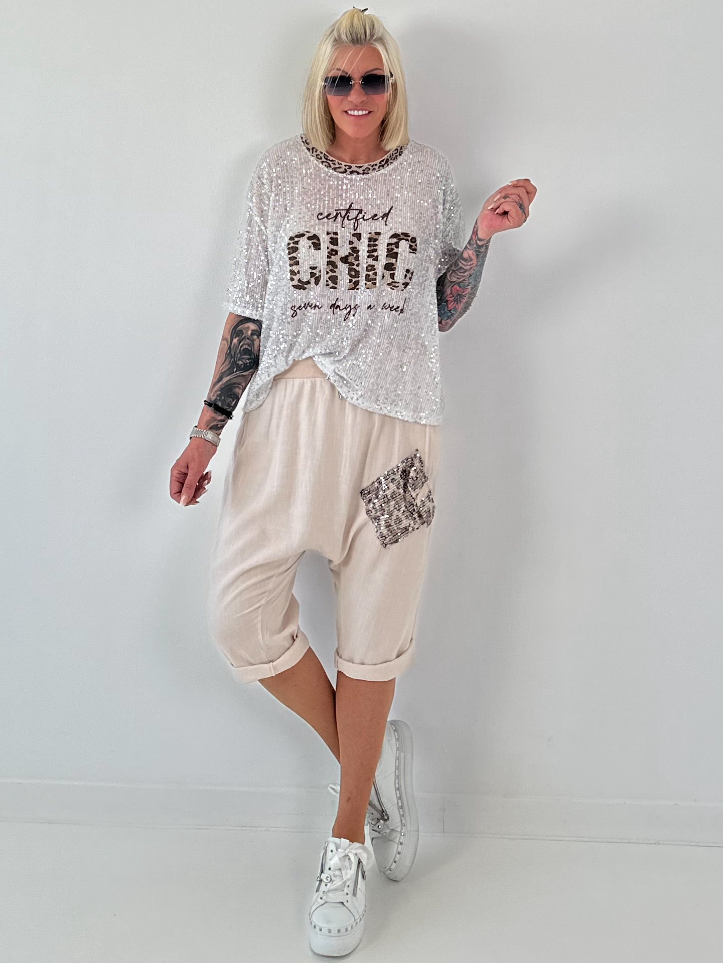 Short linen baggy dress with overlay and sequin details - khaki