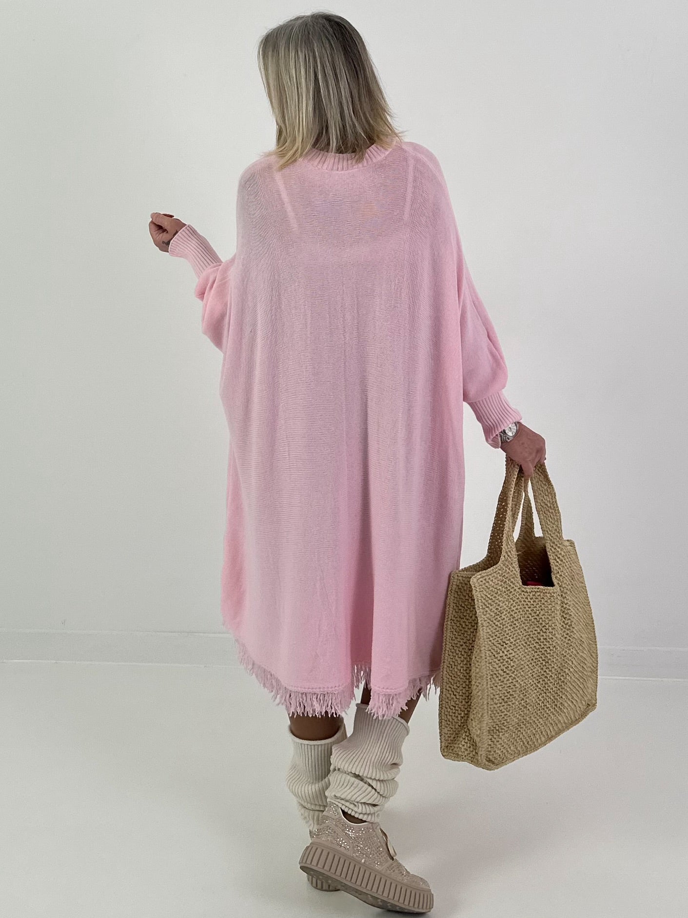 Strickkleid mit Fransen - rosa