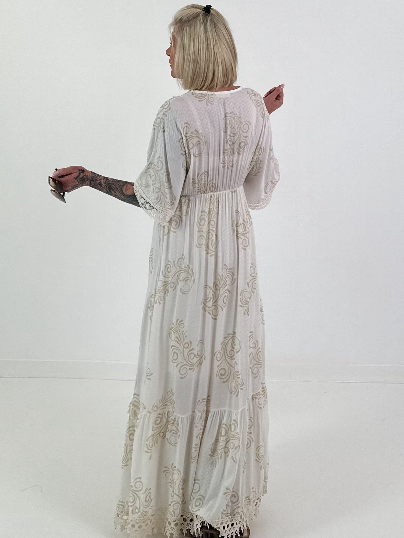 Boho dress with all-over pattern and crochet details - white