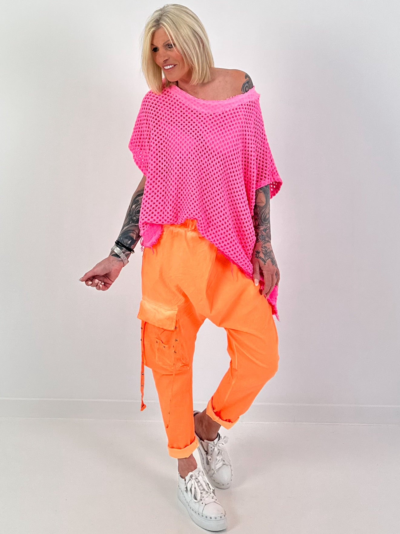 Häkelshirt mit Fransen asymmetrisch - neonpink