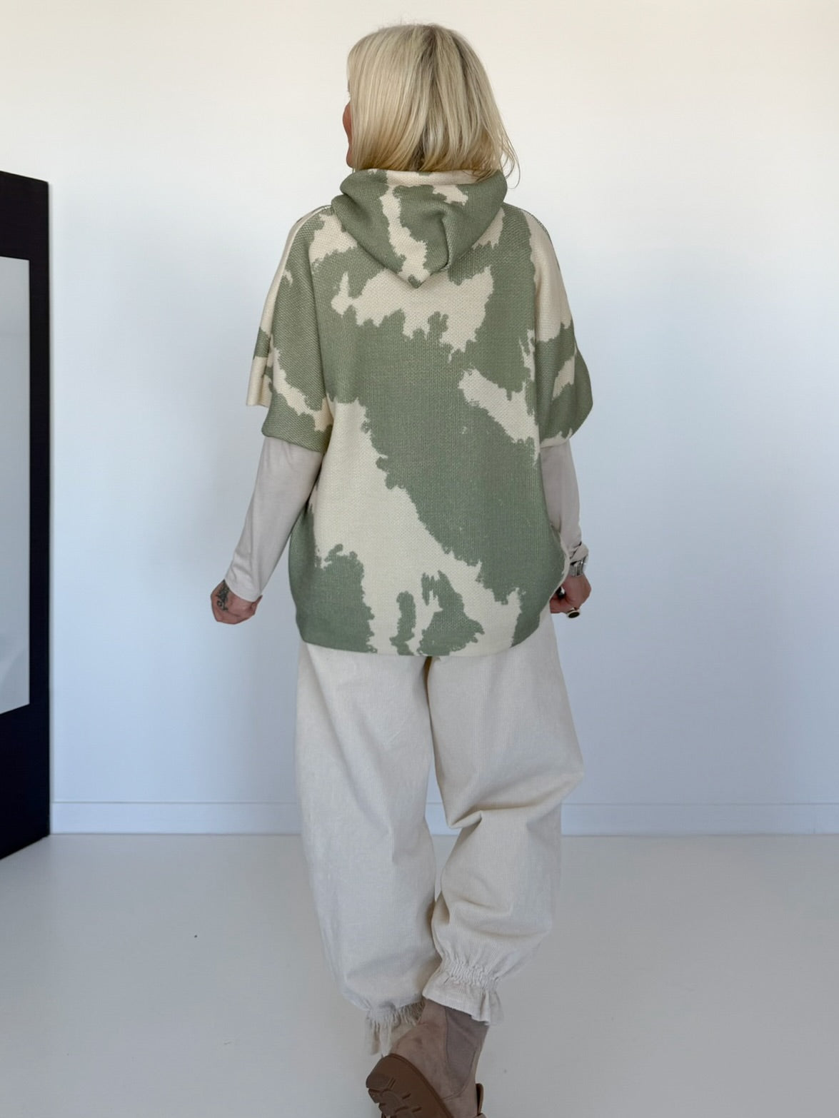 Gebreide hoodie met korte mouwen - beige-olijf