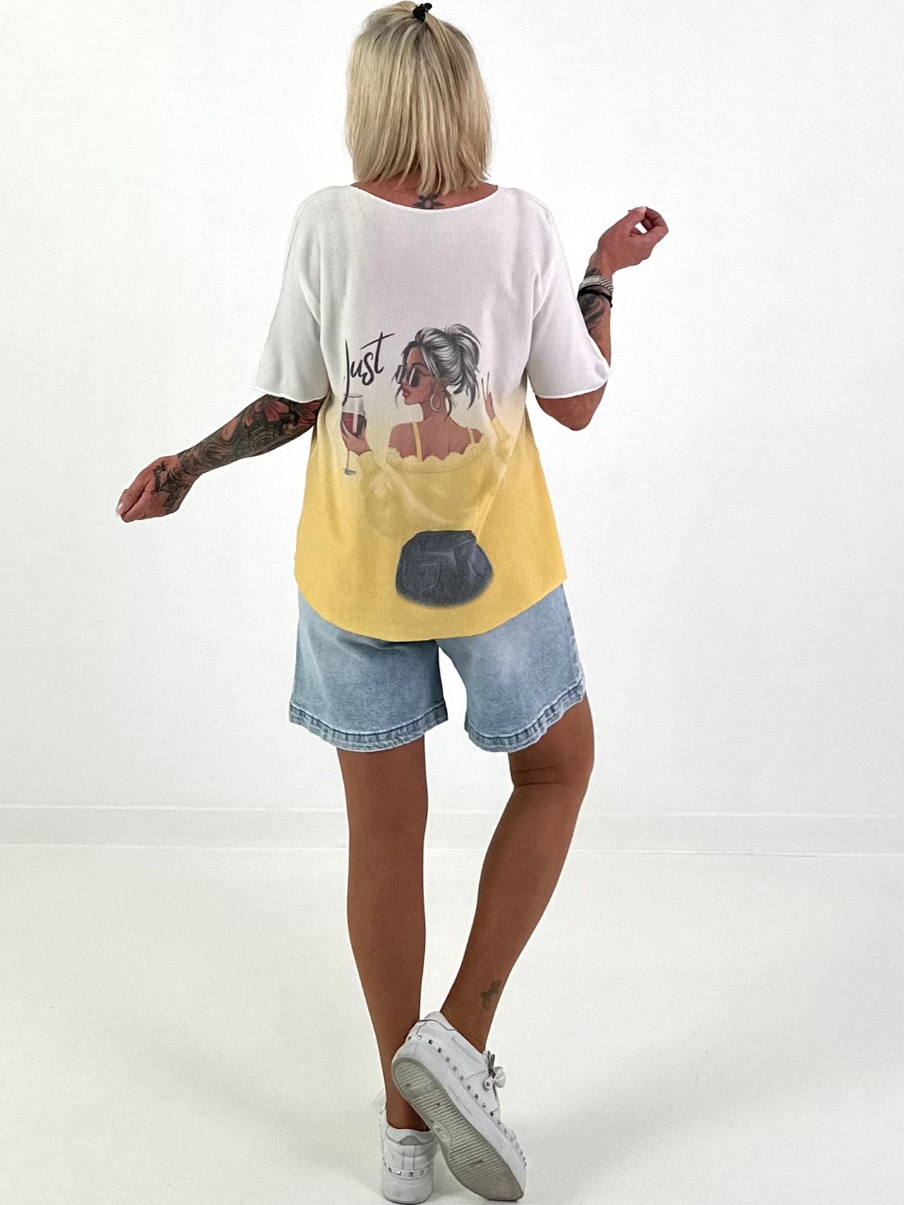 Fine knit T-shirt with print - white-yellow