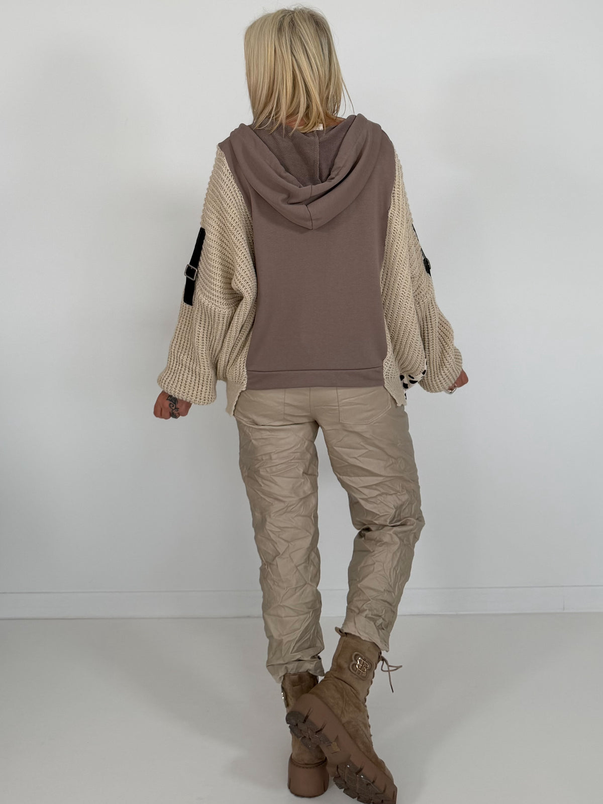 Oversized Grobstrick-Hoodie mit Sweat-Einsatz - taupe-beige