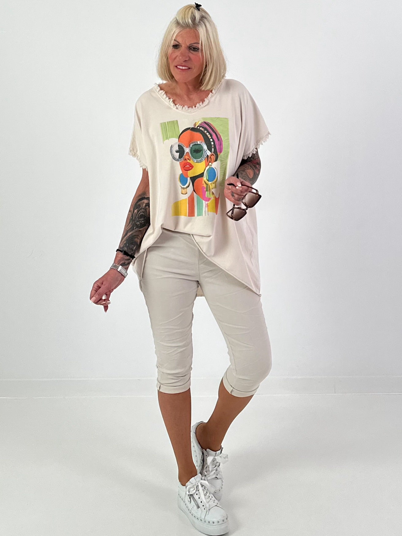Oversized Shirt with Front Print - beige