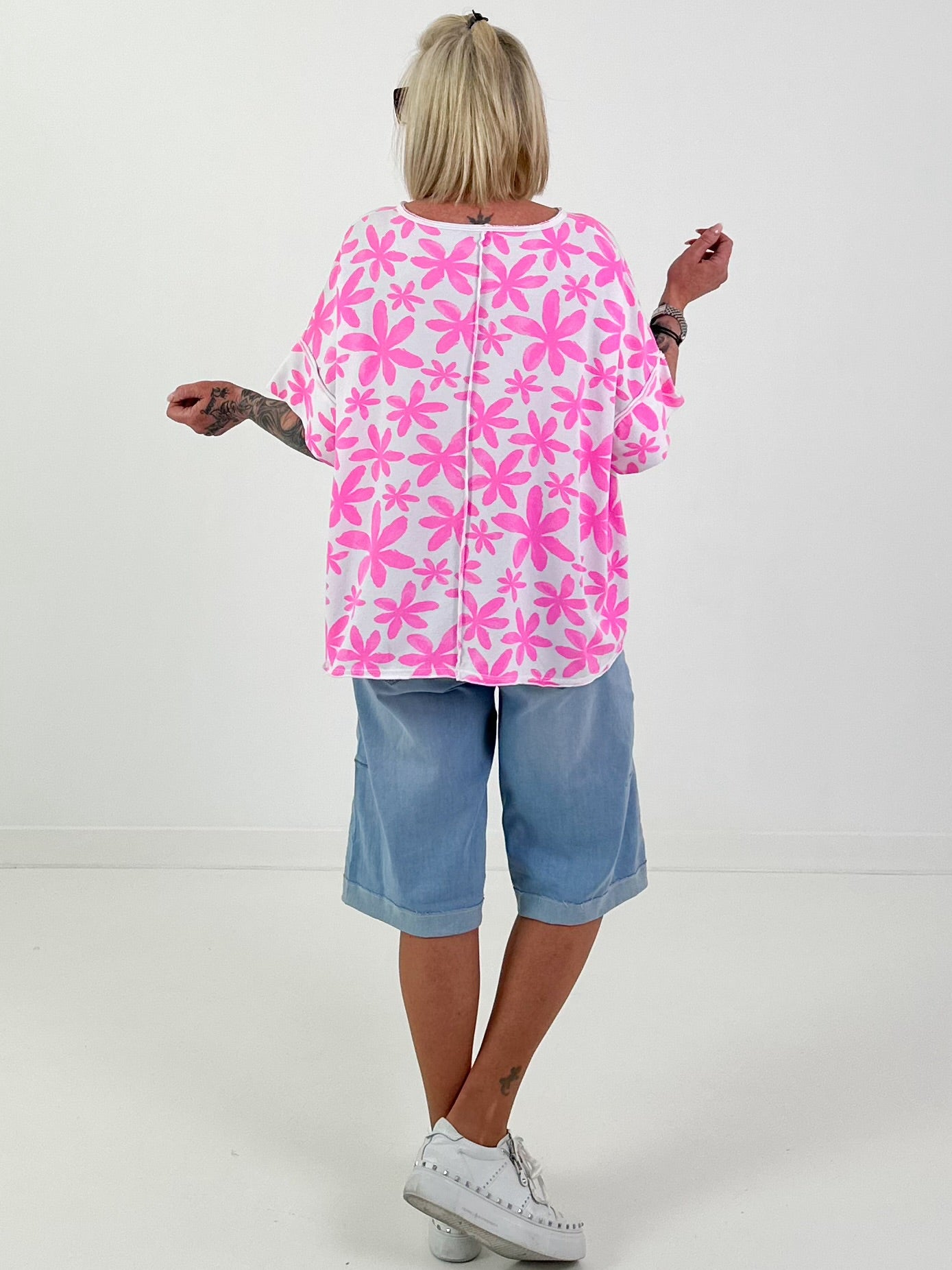 Sweat T-Shirt mit floralem Muster - weiss-neonpink