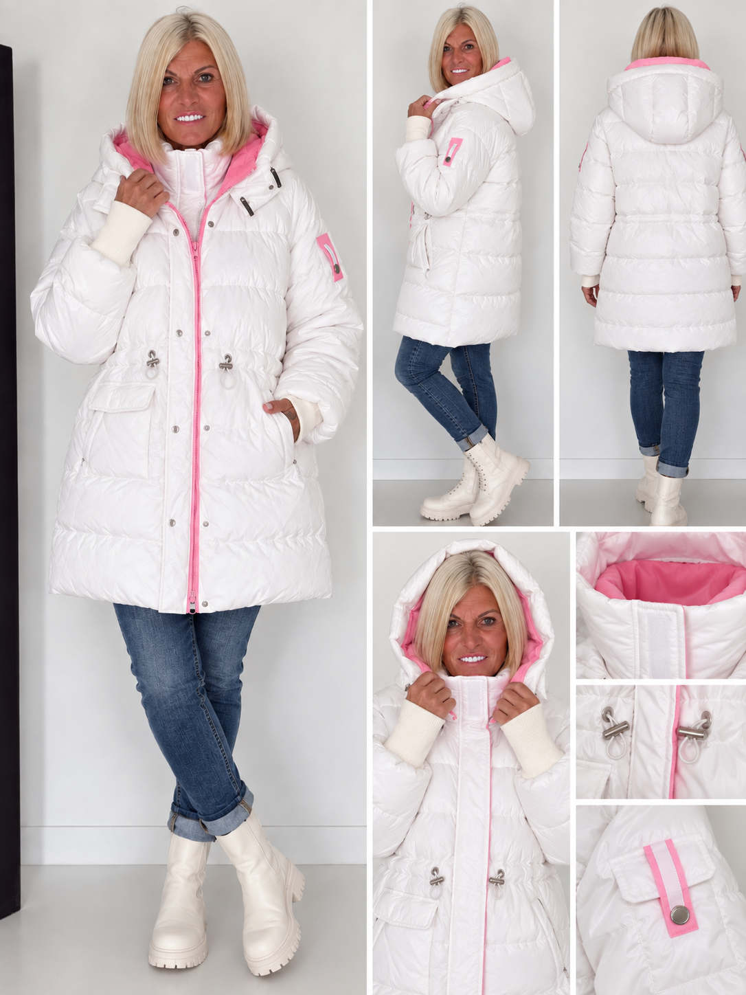 Winterjas met mouwen met boorden en capuchon - wit-roze