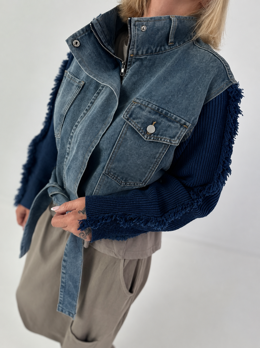 Jeansjacke mit Strickärmeln - denim-marine