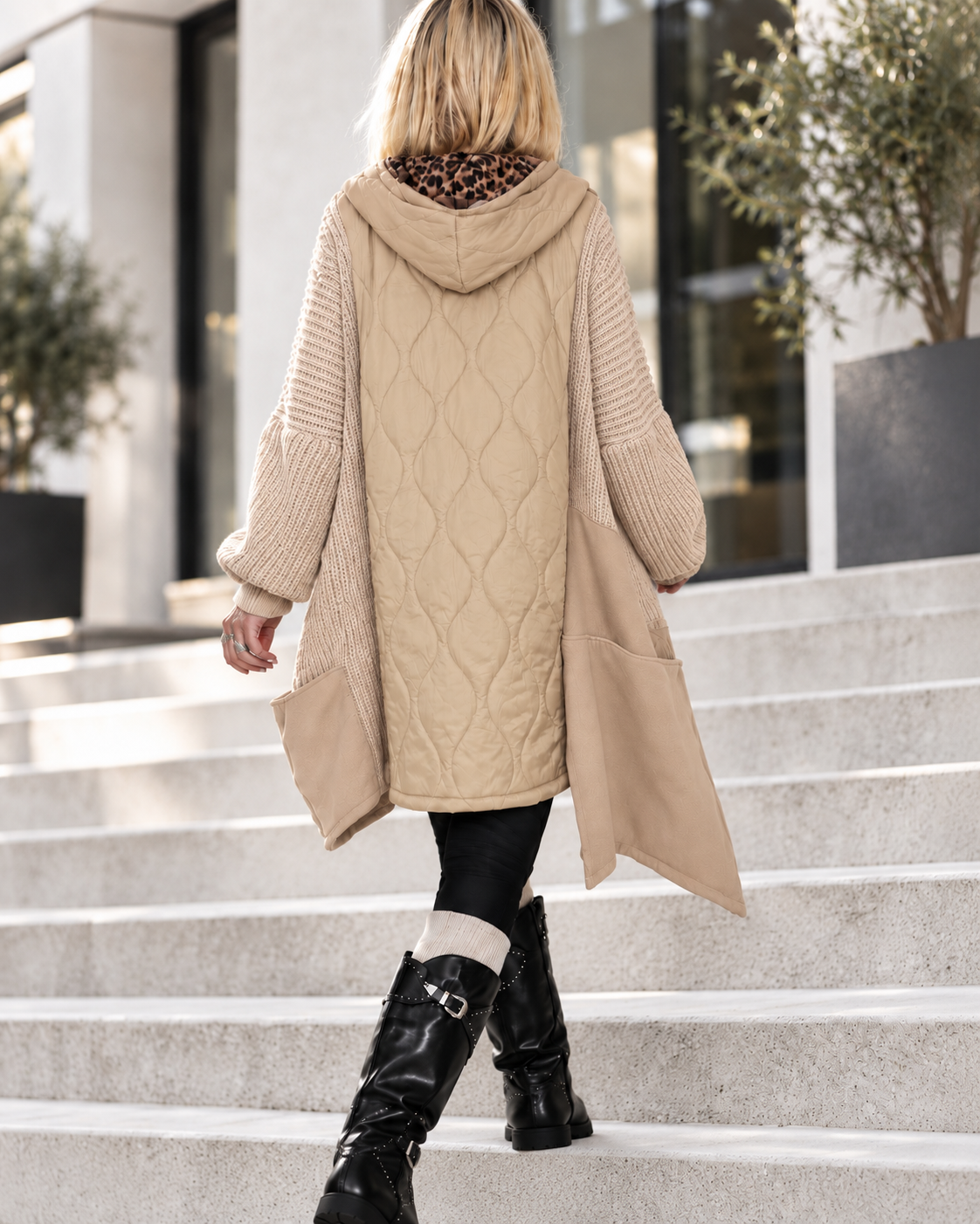 Oversized mixed-material jacket - beige