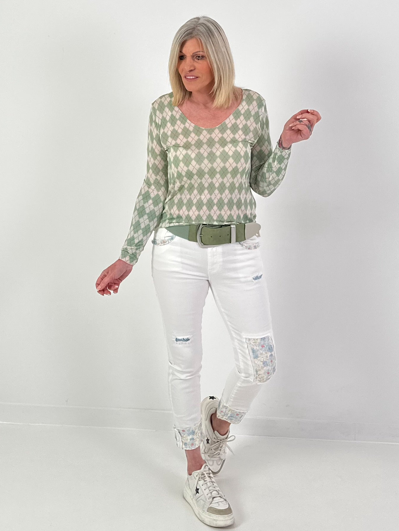 Shirt mit Rautenmuster - grün-weiss