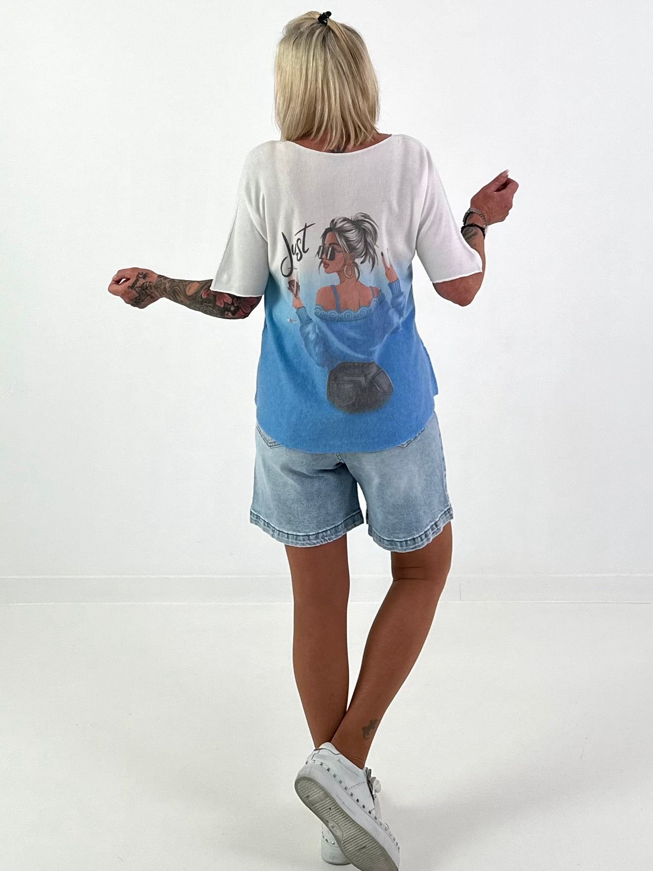 Fijngebreid T-shirt met print - wit-lichtblauw