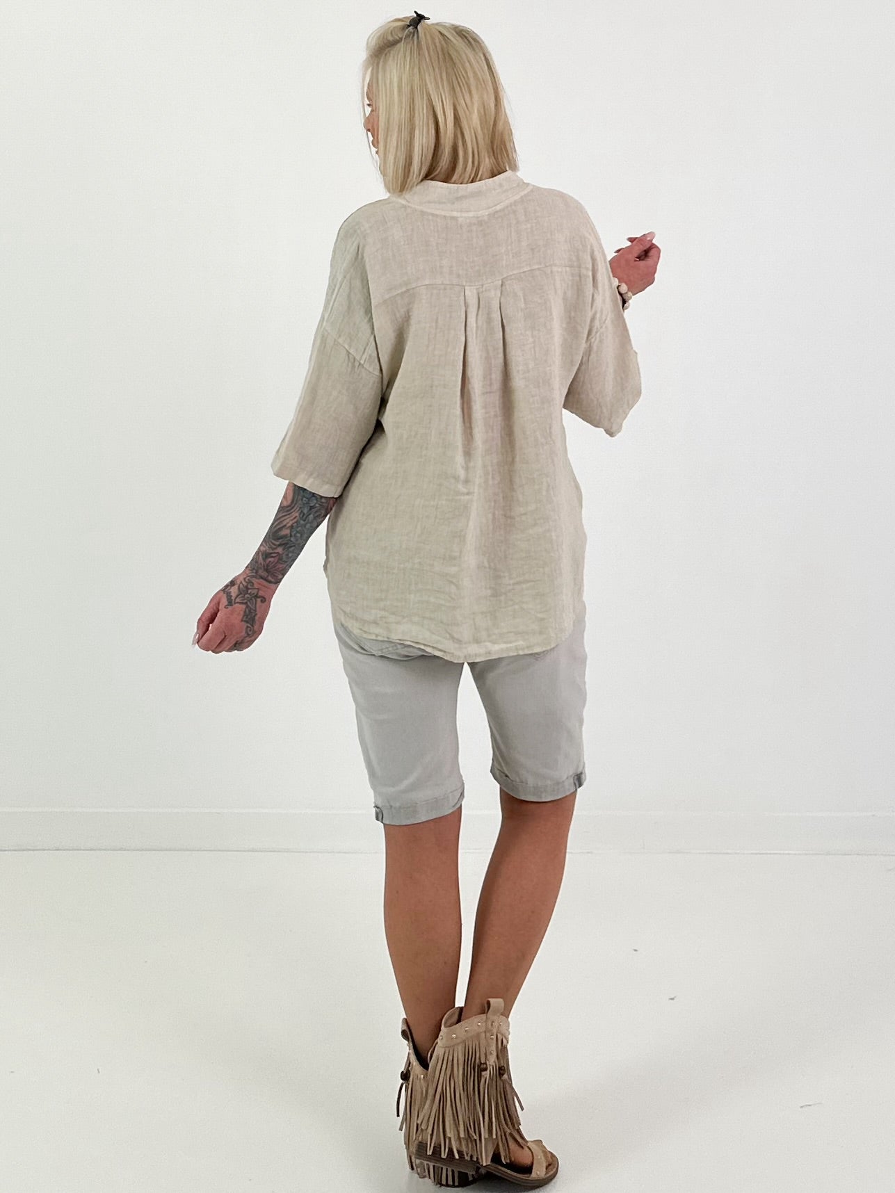 Linen shirt with crocheted flower appliqué - beige