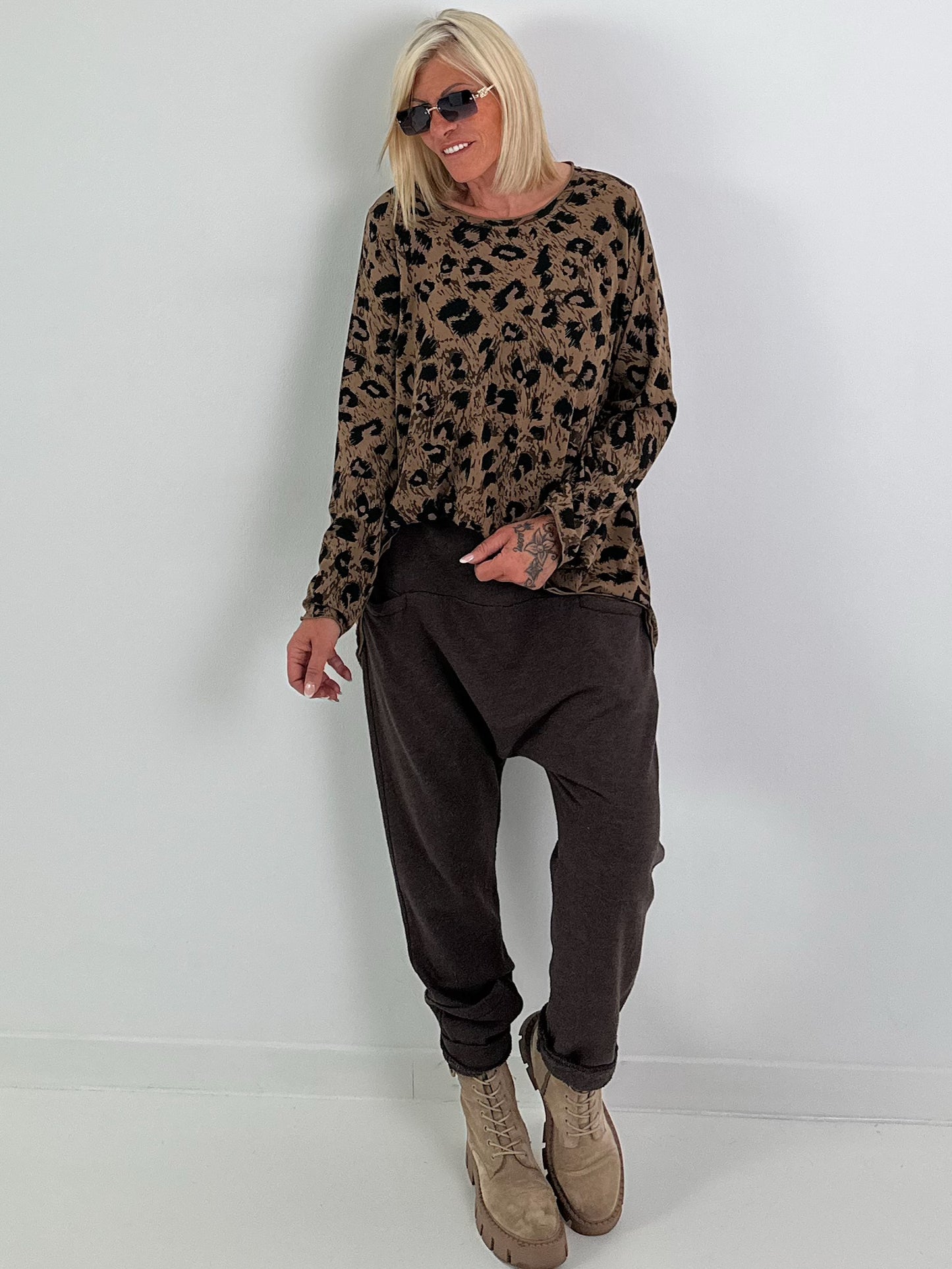 Sweat Baggy mit Tasche - mokka
