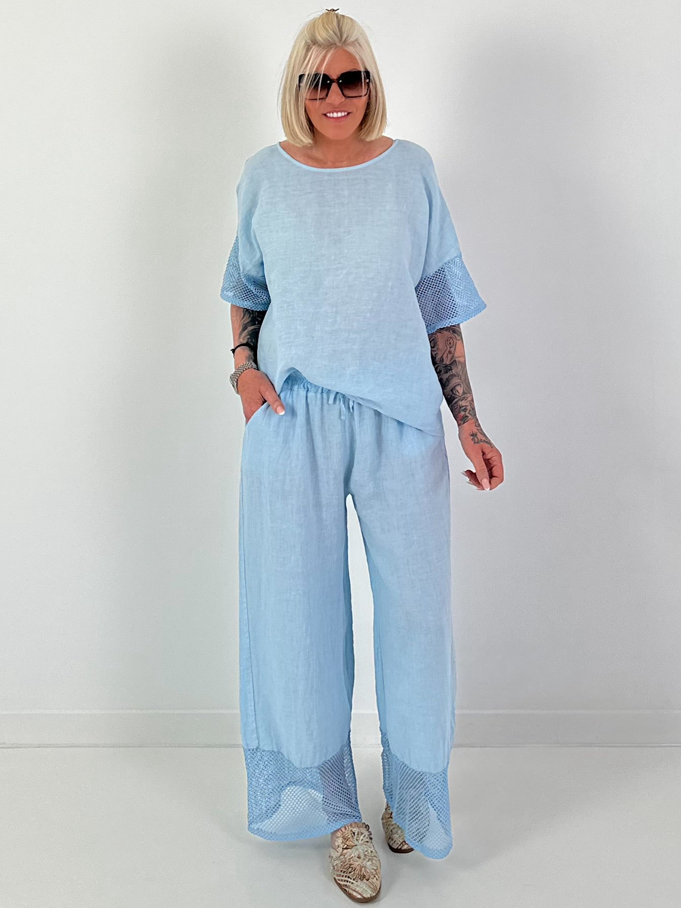 Wide-leg linen trousers - light blue