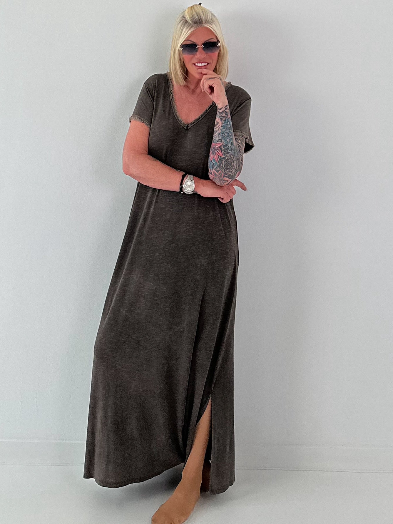 Maxi Kleid mit fransigen Abschlüssen - schoko