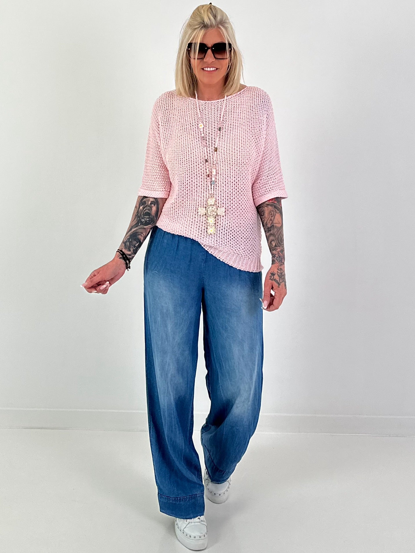 Häkelpulli mit eingearbeiteten Pailletten - rosa