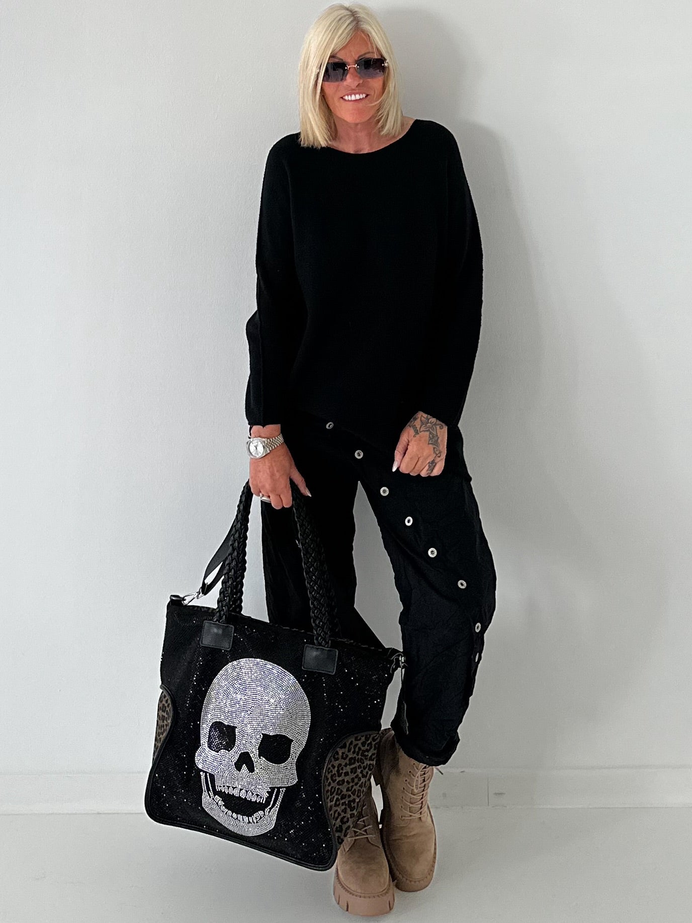 Stylish Canvas Bag with Genuine Leather Details Skull - black-silver-leopard mocha