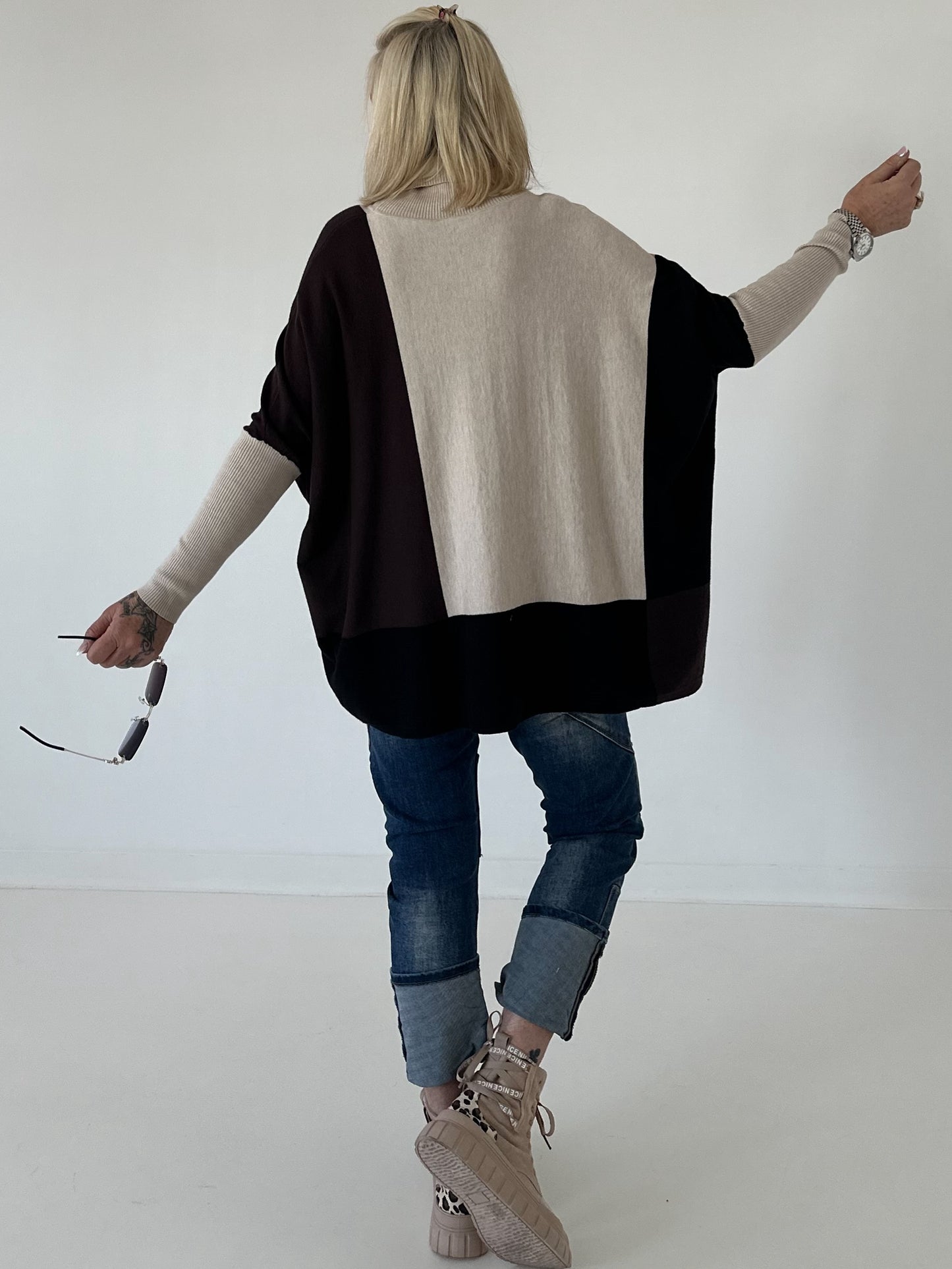 Oversized Feinstrickpullover mit Stulpenärmeln - beige-mokka-schwarz