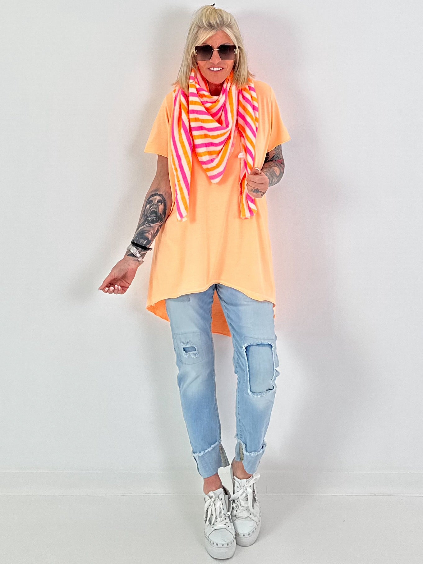 XL Musselin Tuch mit Streifen - weiss-neonorange-neonpink