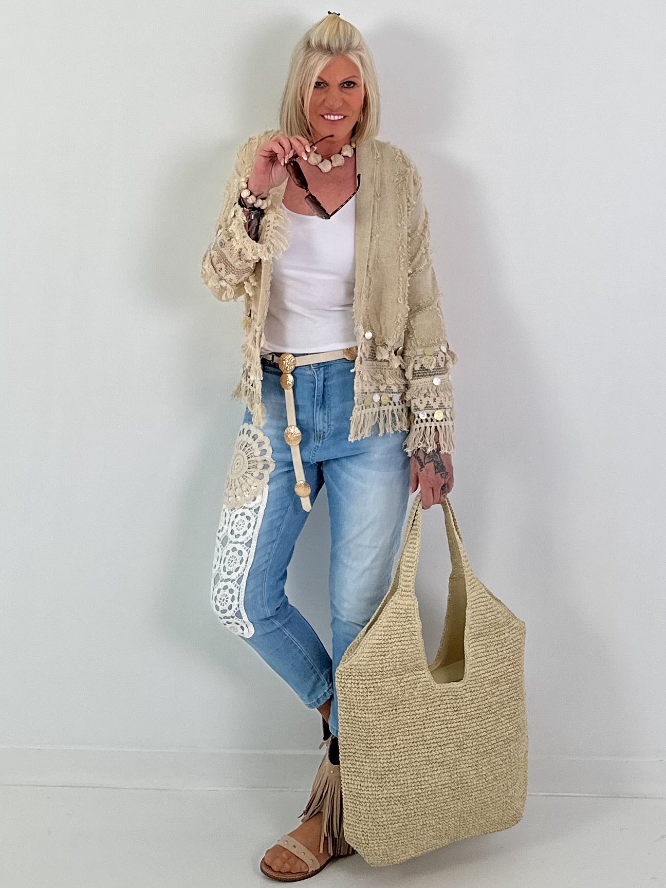 Boho Jacke mit aufwendigen Details- beige-gold