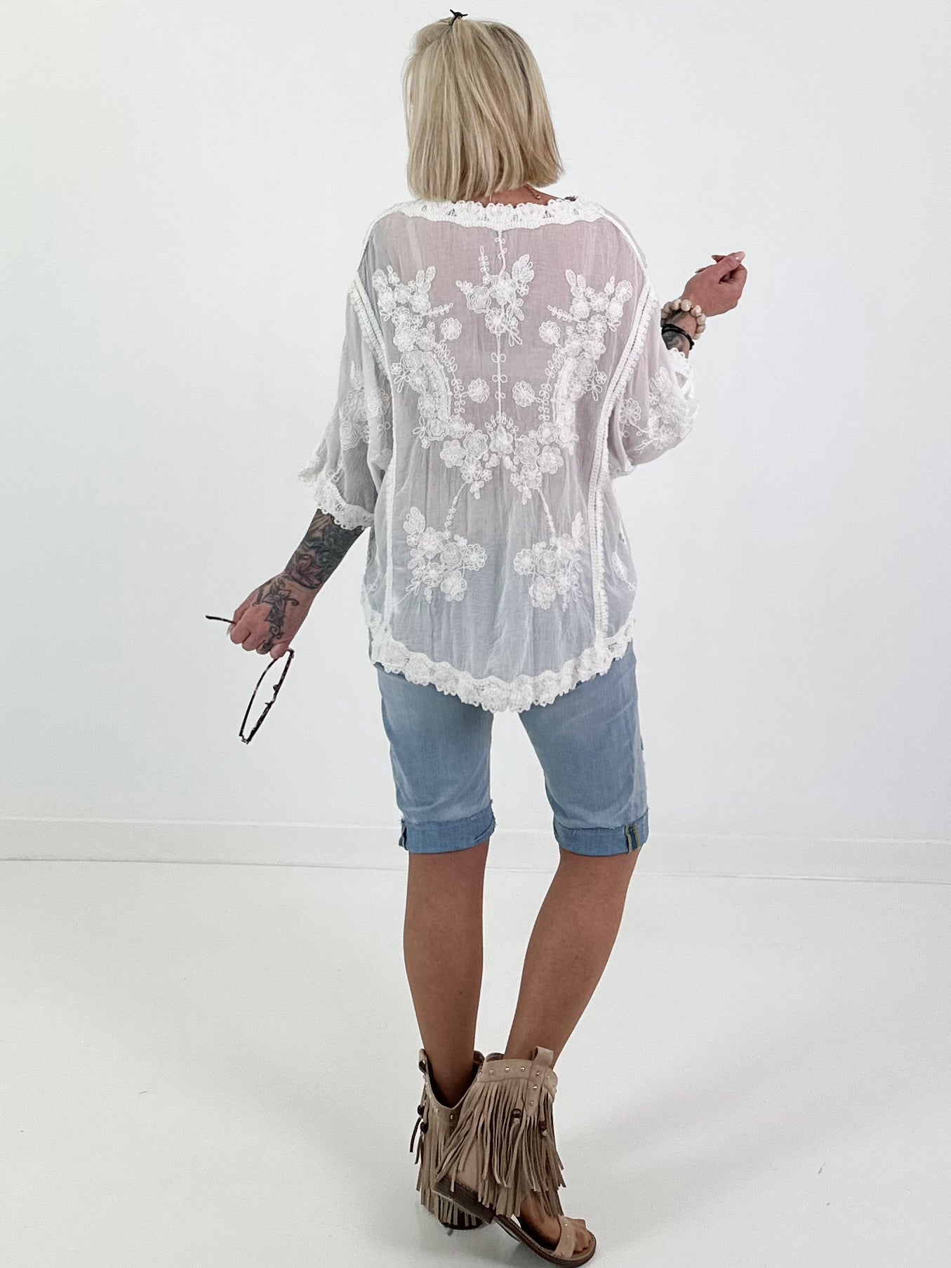 Boho Tunic with Crochet Appliqués - White
