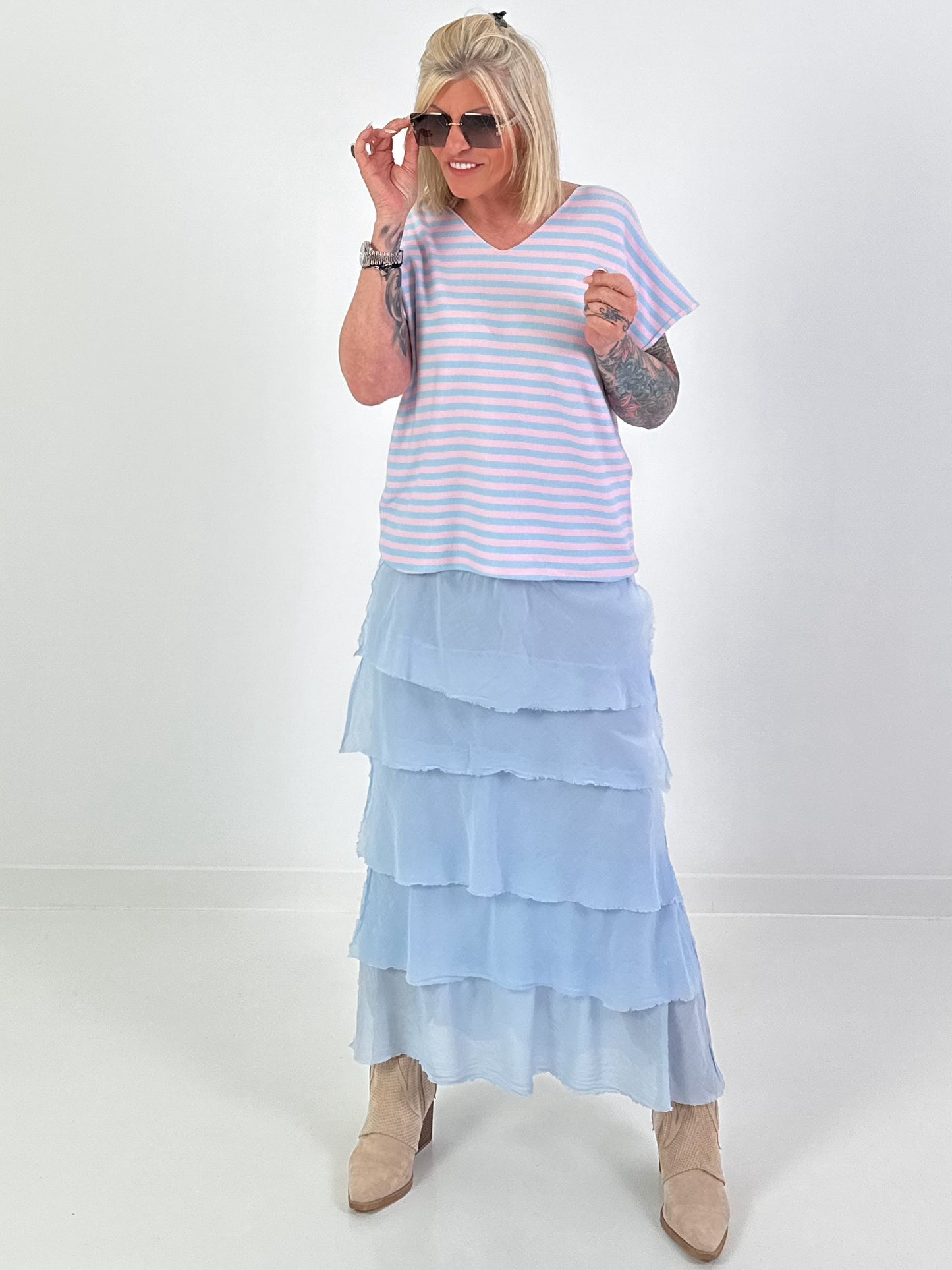 Striped Fine Knit Shirt - light blue-pink