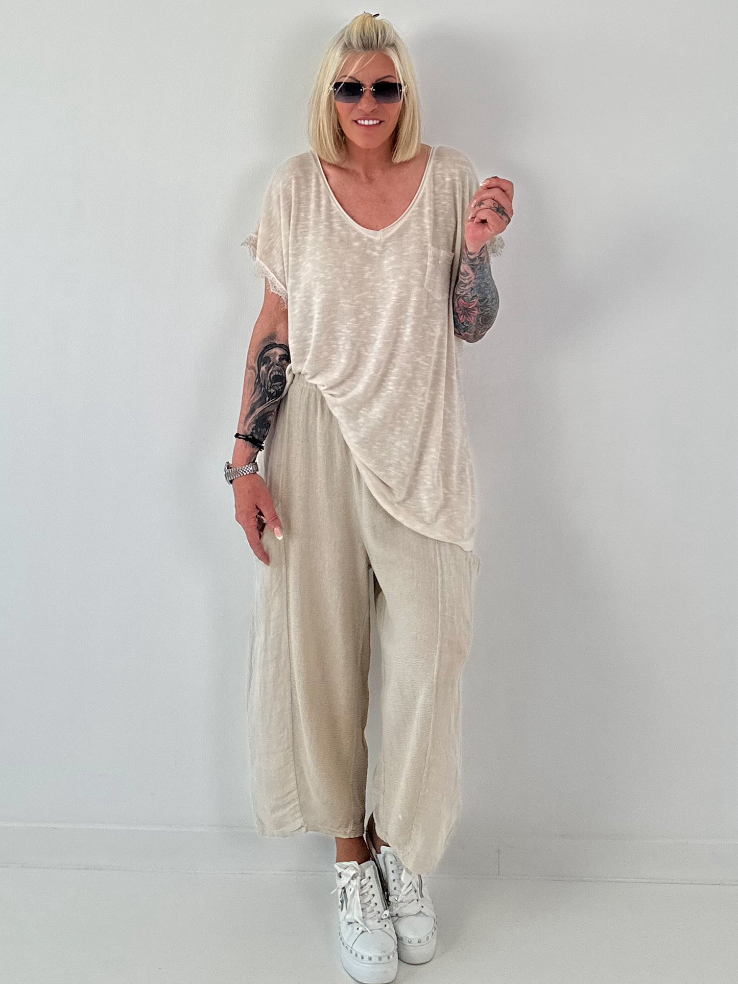 Balloon Linen Trousers with Fringe Details - taupe