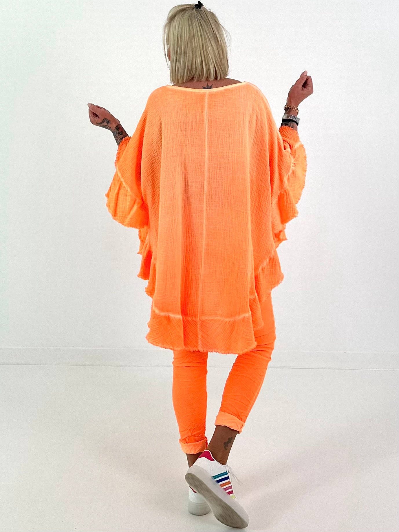 Mousseline tuniek met ruches - neonoranje
