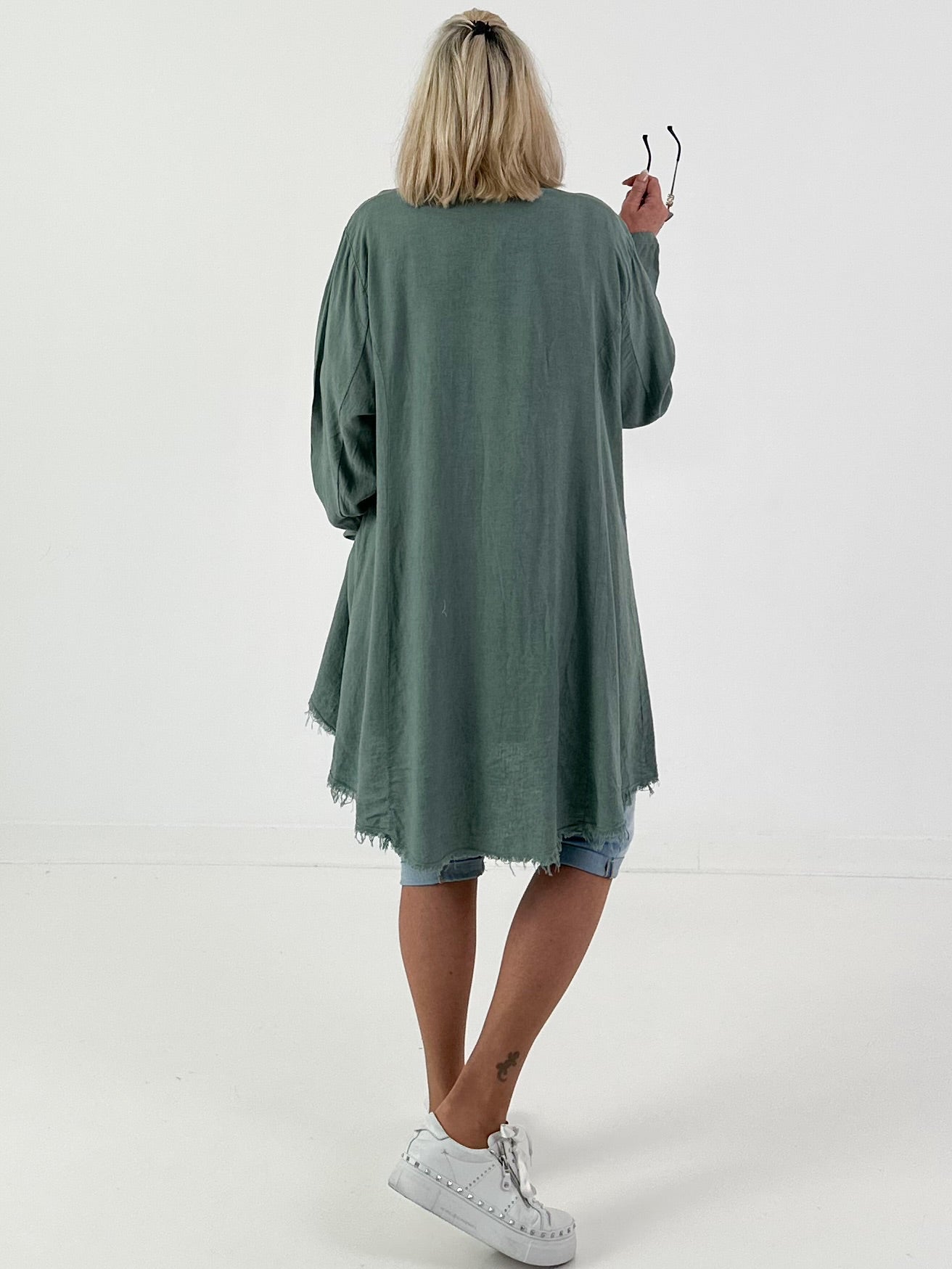Linen Short Coat with Eyelets - Khaki