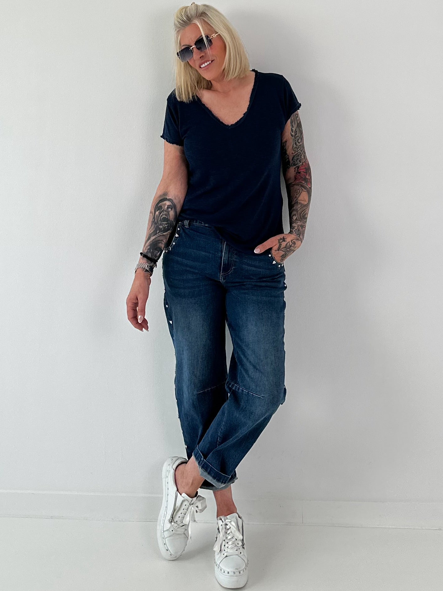 Ripp T-Shirt stone washed- dunkelblau