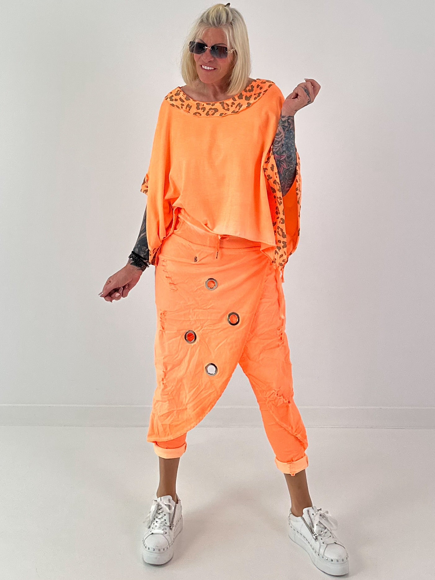 Poncho Shirt mit Leo Print - neonorange