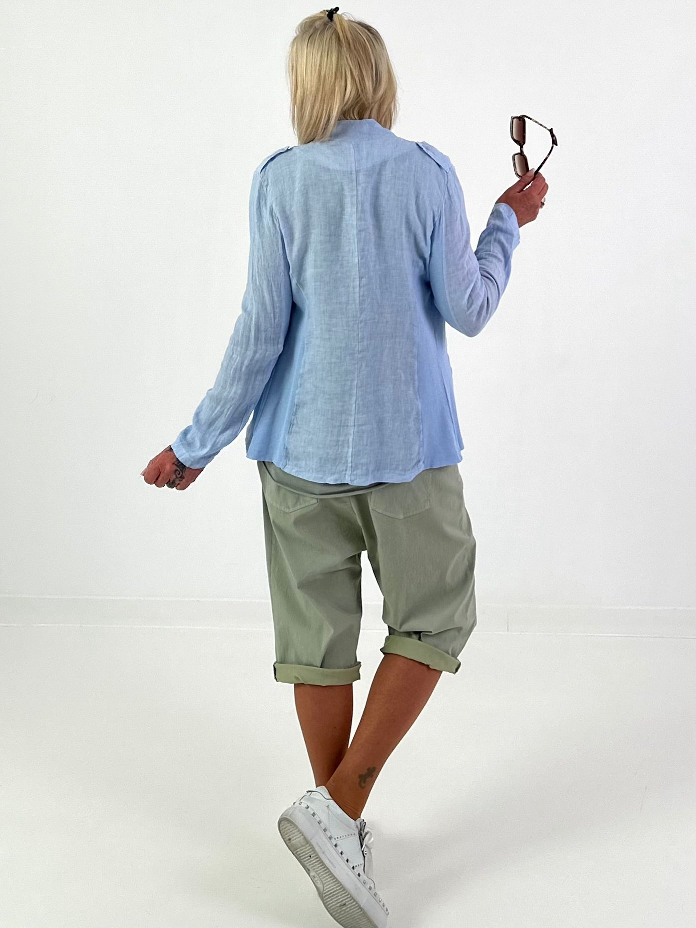 Linen Blazer with Decorative Buttons and Rib Details - light blue