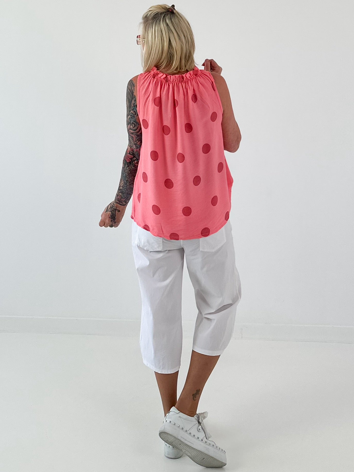 Striped top with ruffled collar - taupe-dark brown