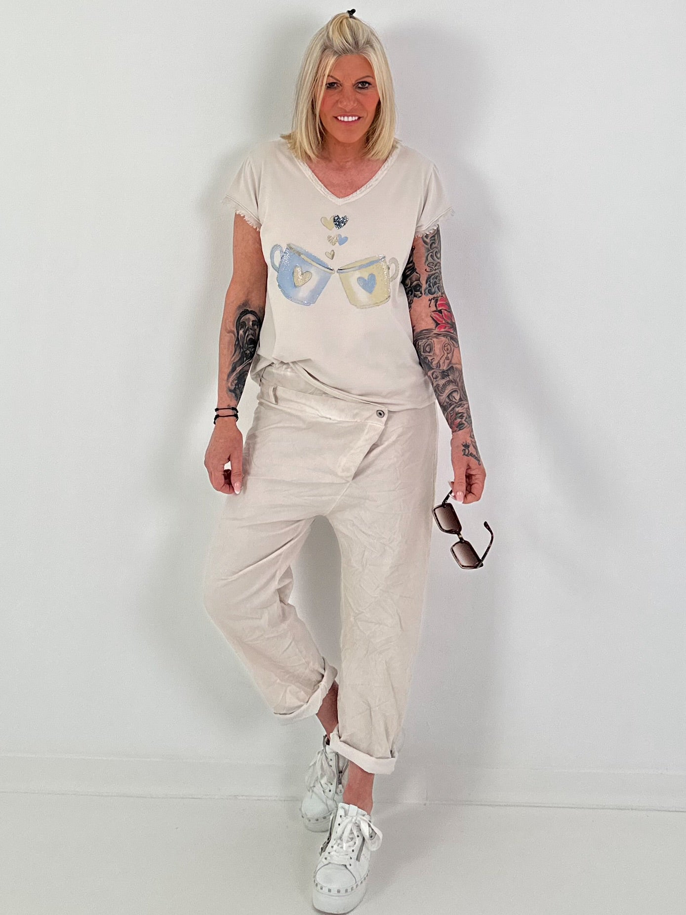 Baggy Hose im Layering Look - beige