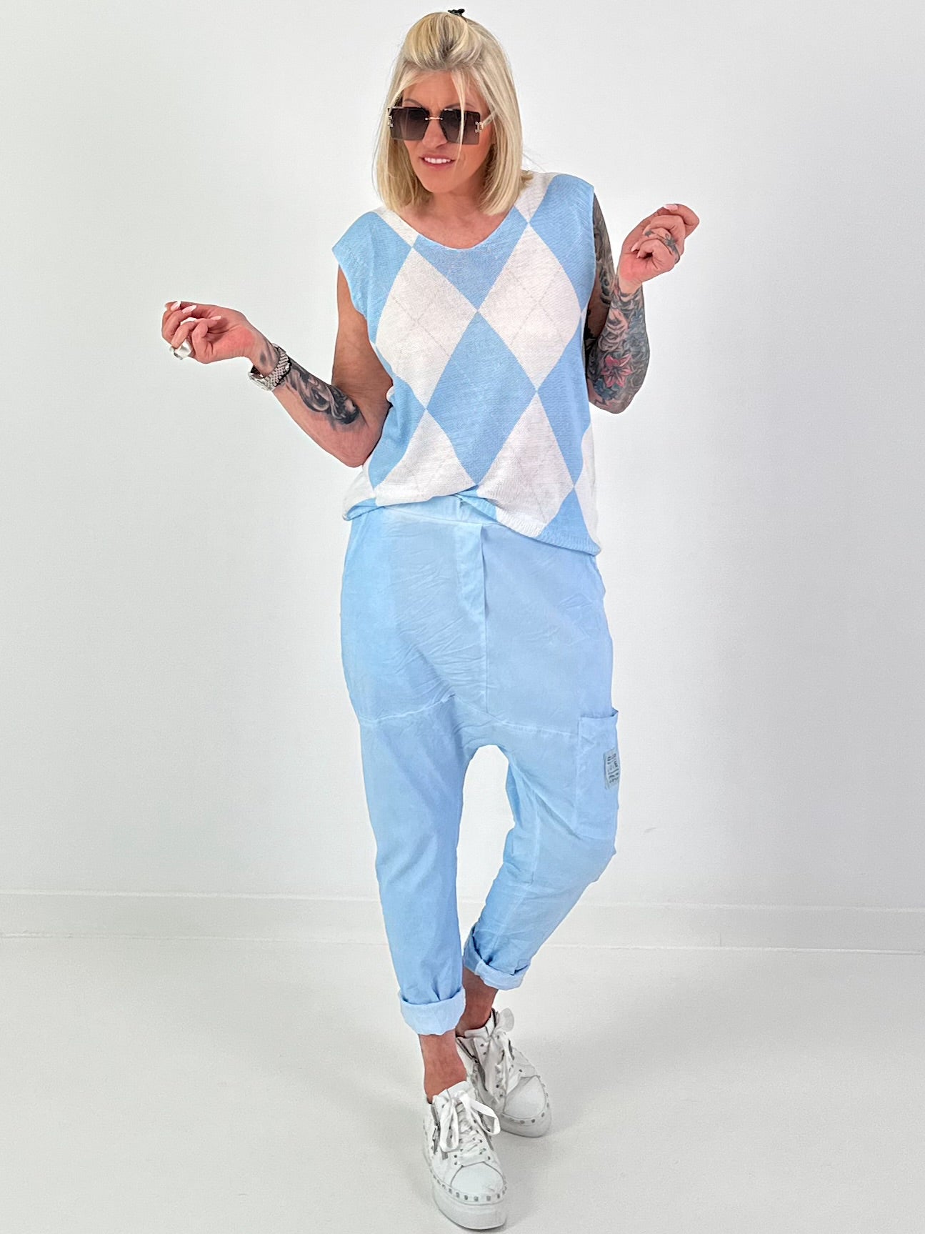 Pullunder mit Raute - weiss-hellblau