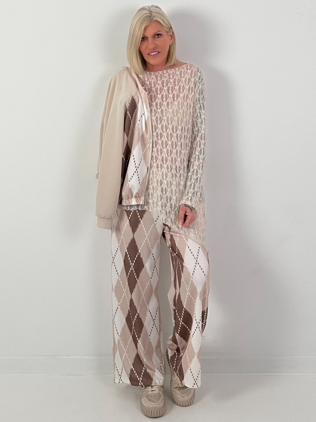 Leichte Jacke mit Rautenmuster - beige-braun-weiss