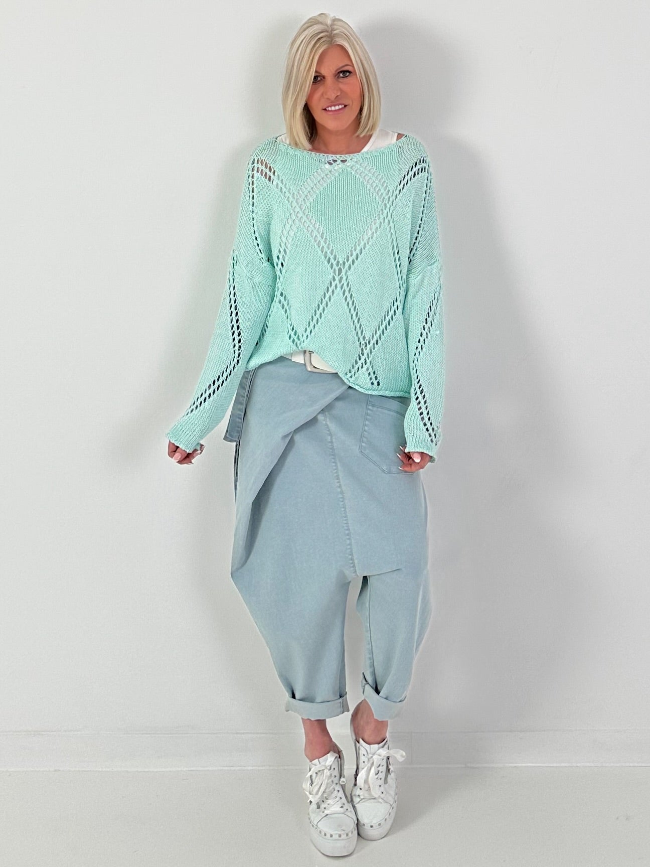 Häkelpulli mit Rautenmuster - mint