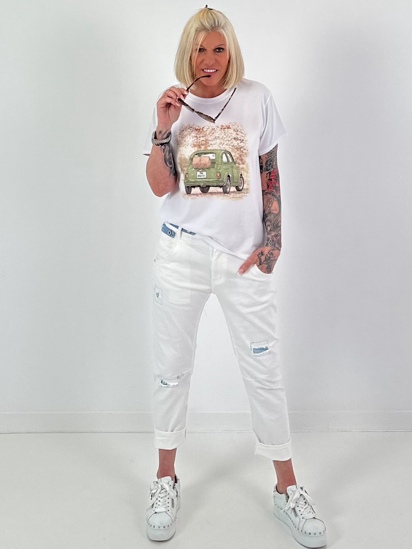 T-Shirt Glitzer Car - weiss-khaki