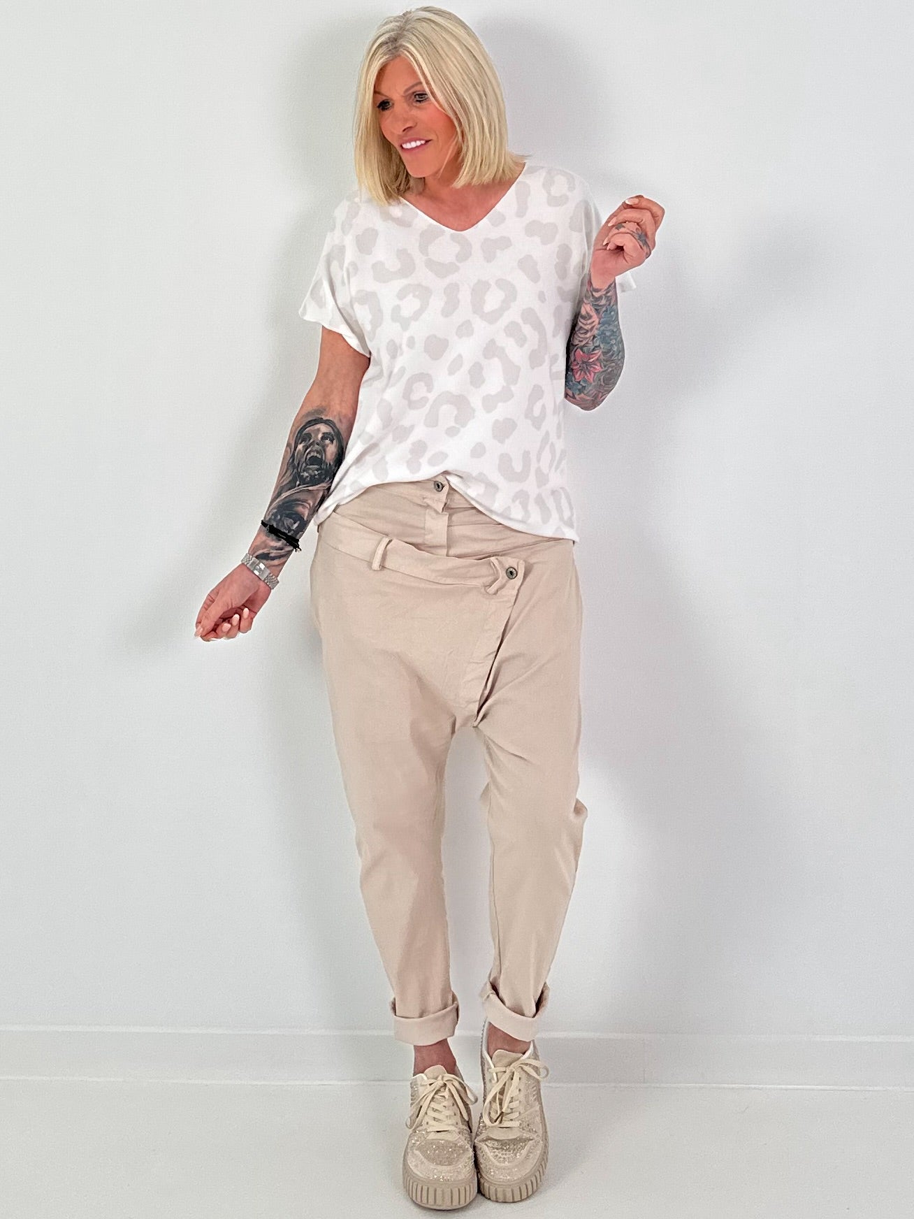 Baggy Hose mit Doppelbund - beige
