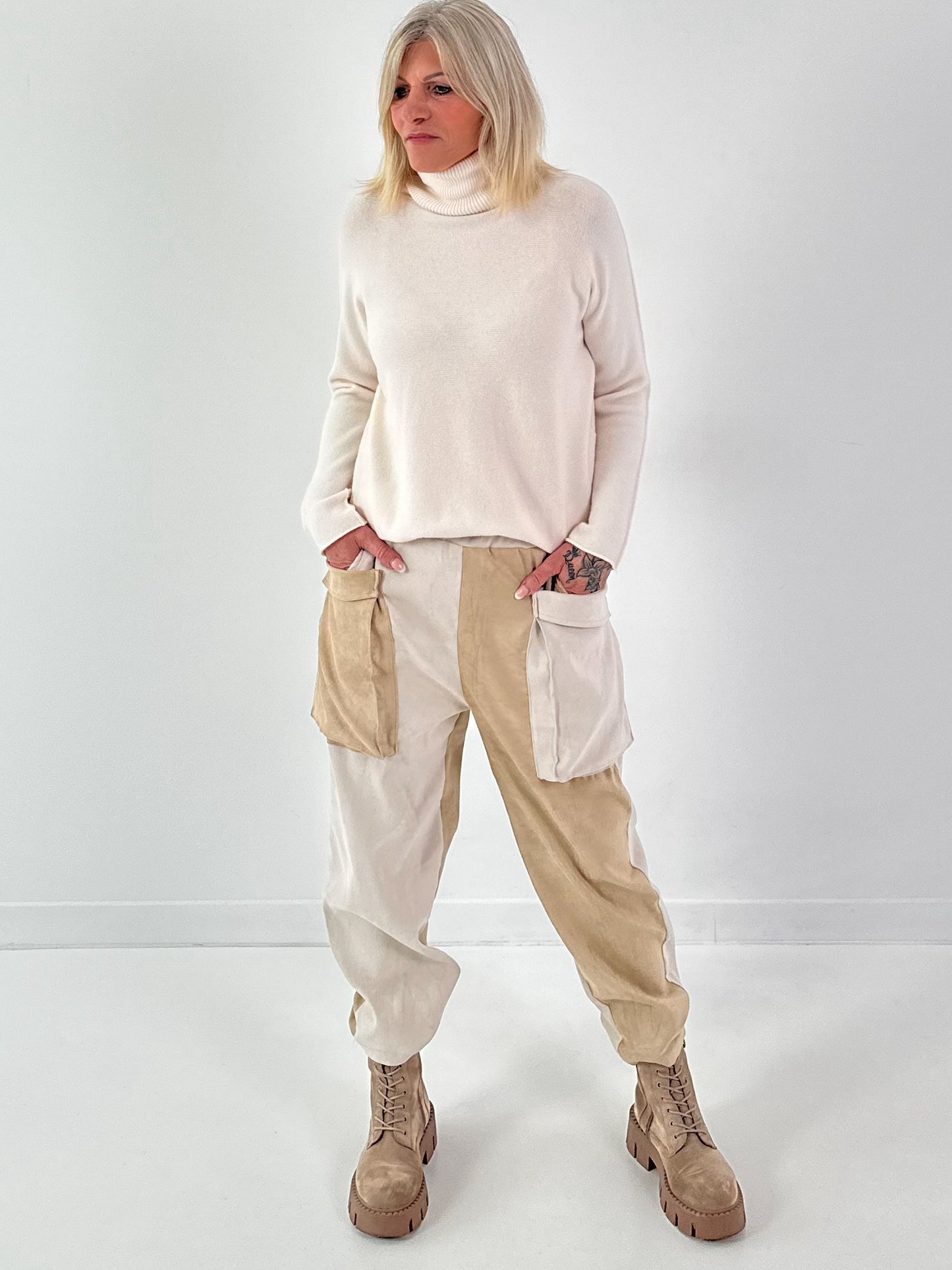 Suede-look trousers, model "Dual Harmony" - ecru-beige