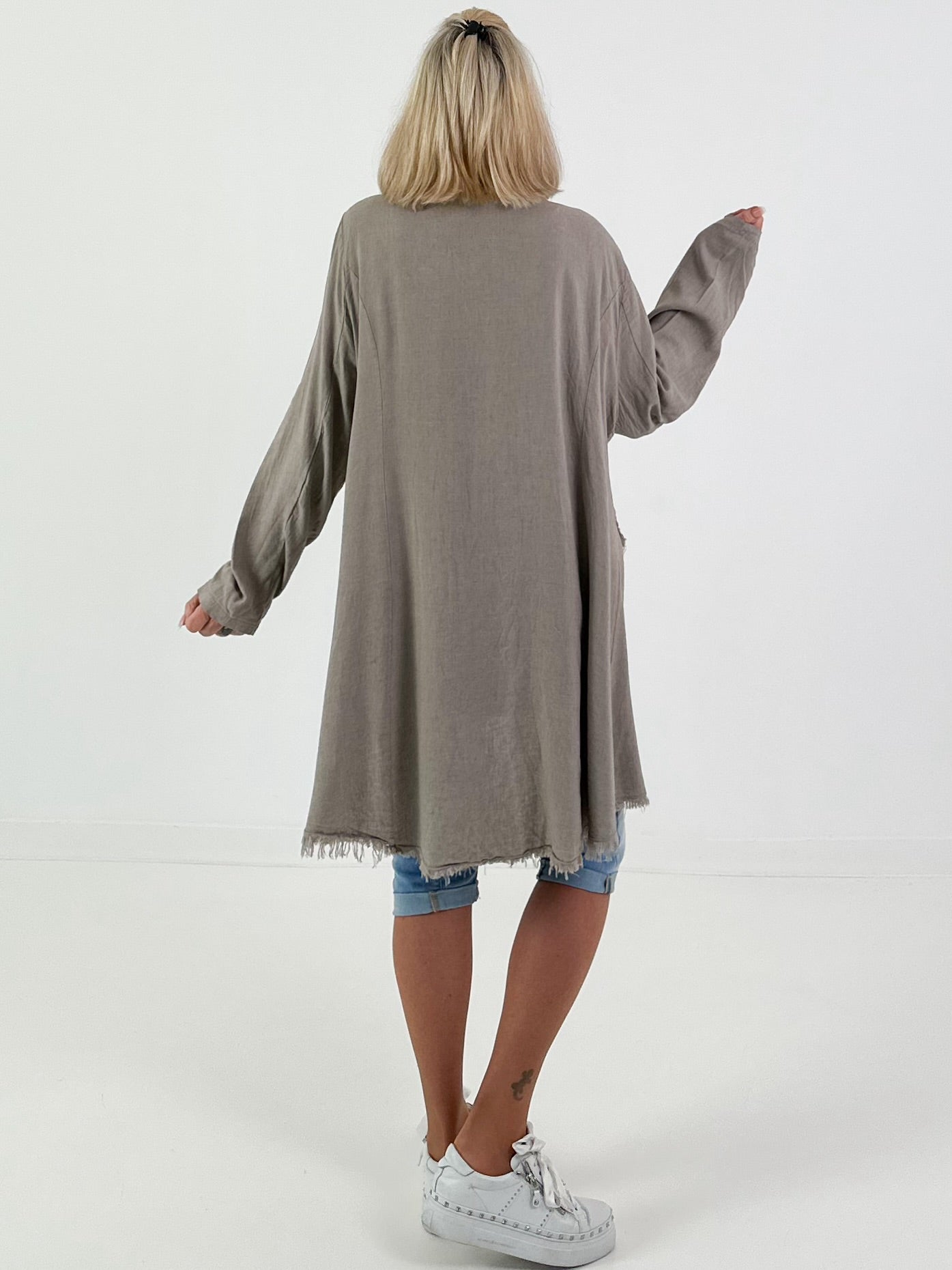 Leinen Kurzmantel mit Ösen - taupe