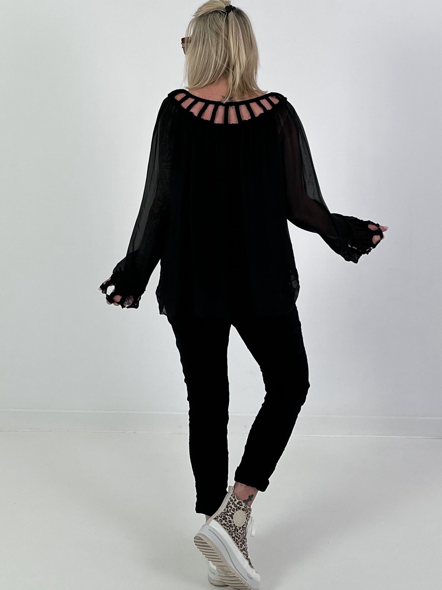 Silk tunic with crocheted neckline - black
