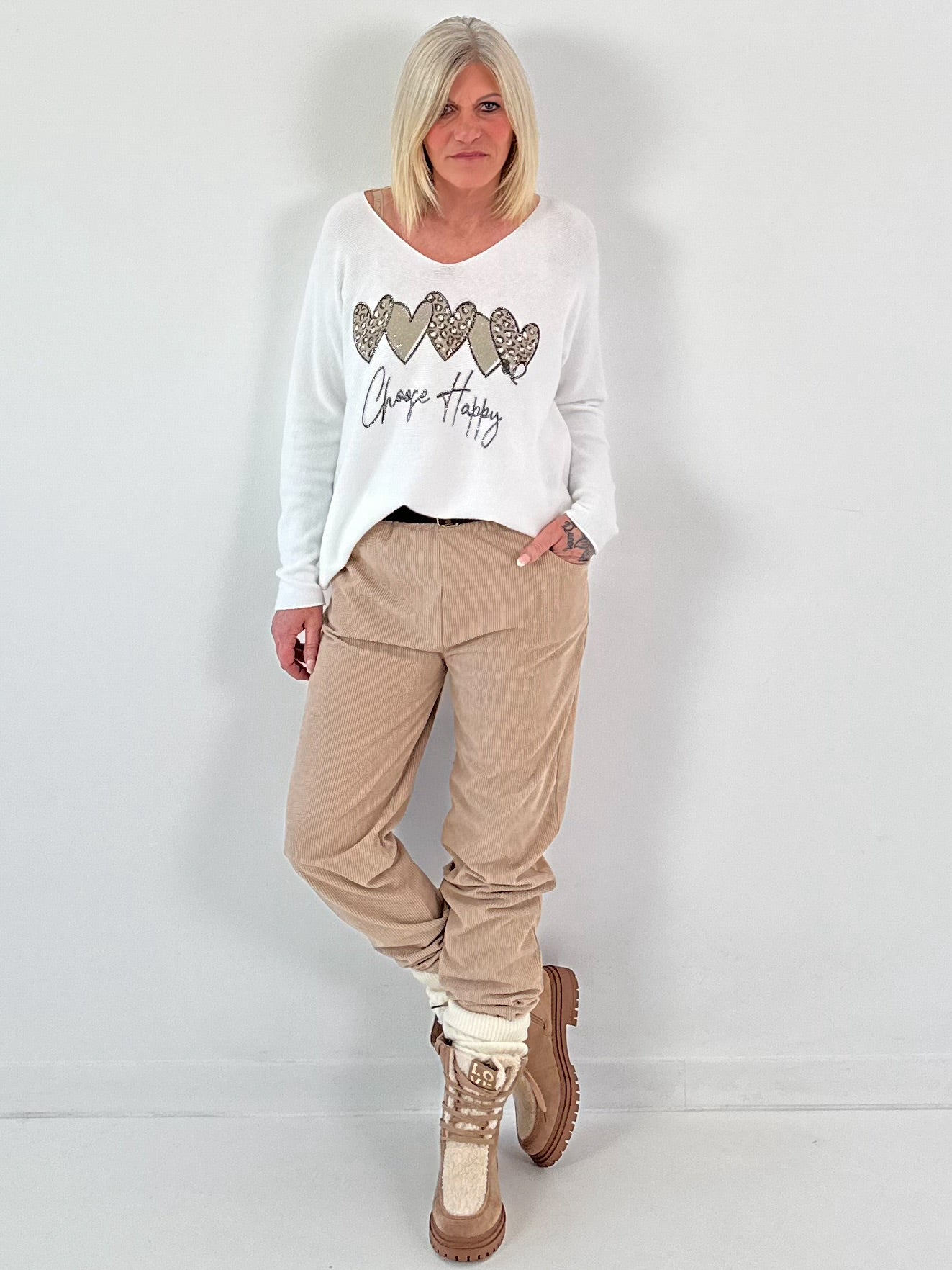 V-neck sweater model "Choose Happy" - white