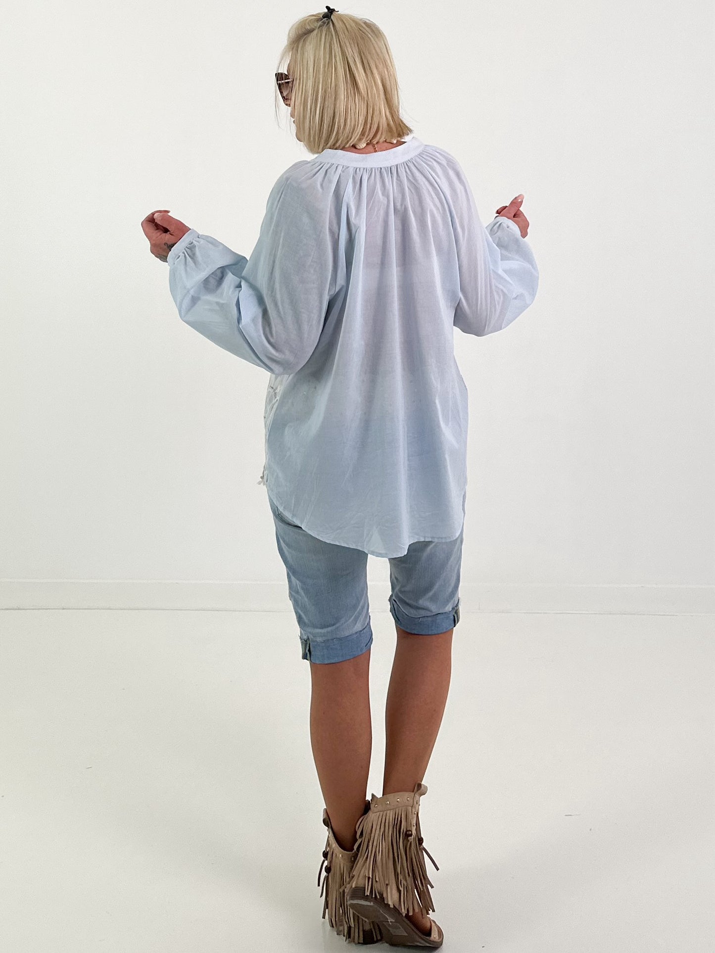 Boho Blouse with Elaborate Details - light blue