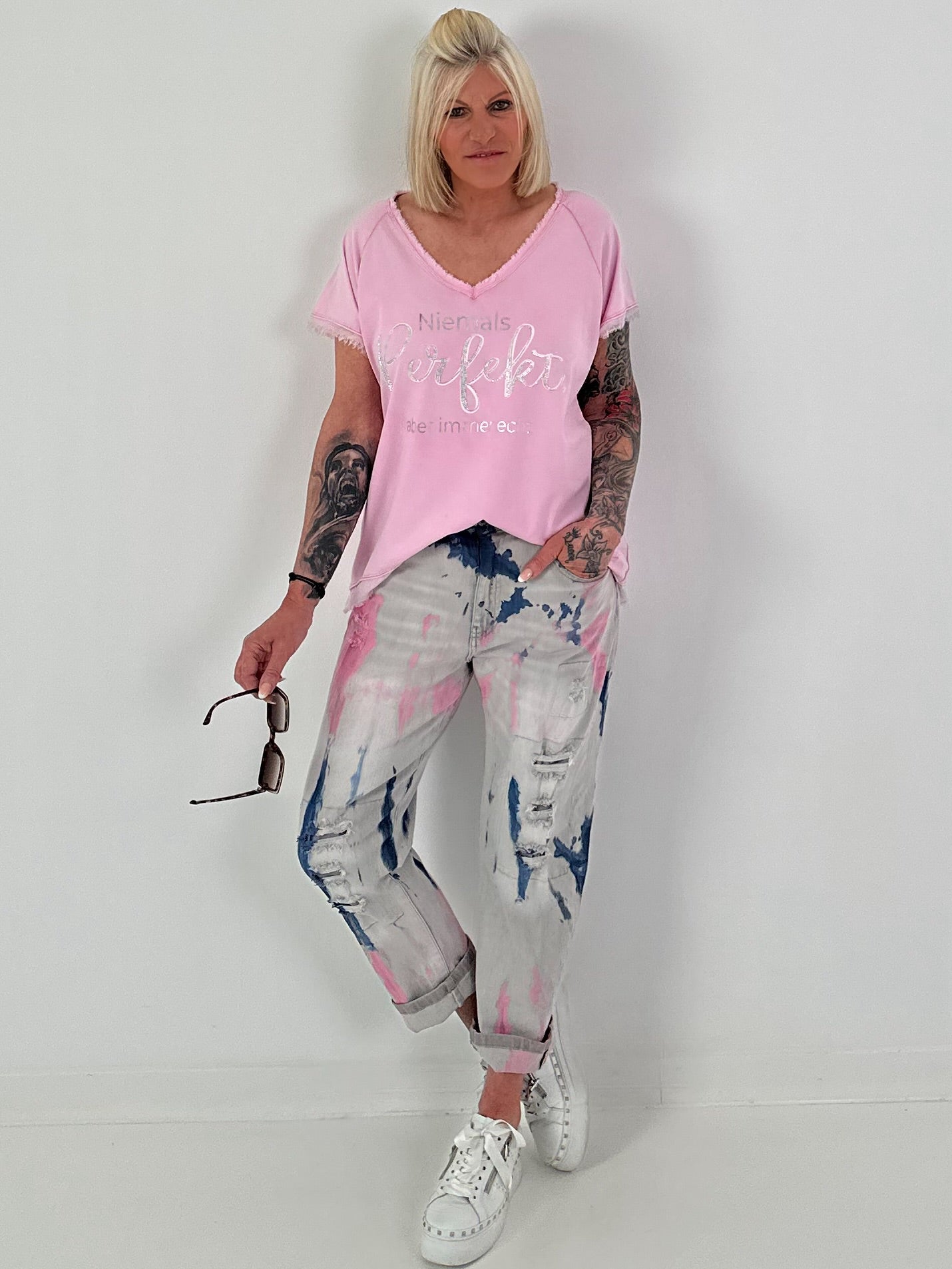 Jeans mit Batikmuster - grau-blau-rosa